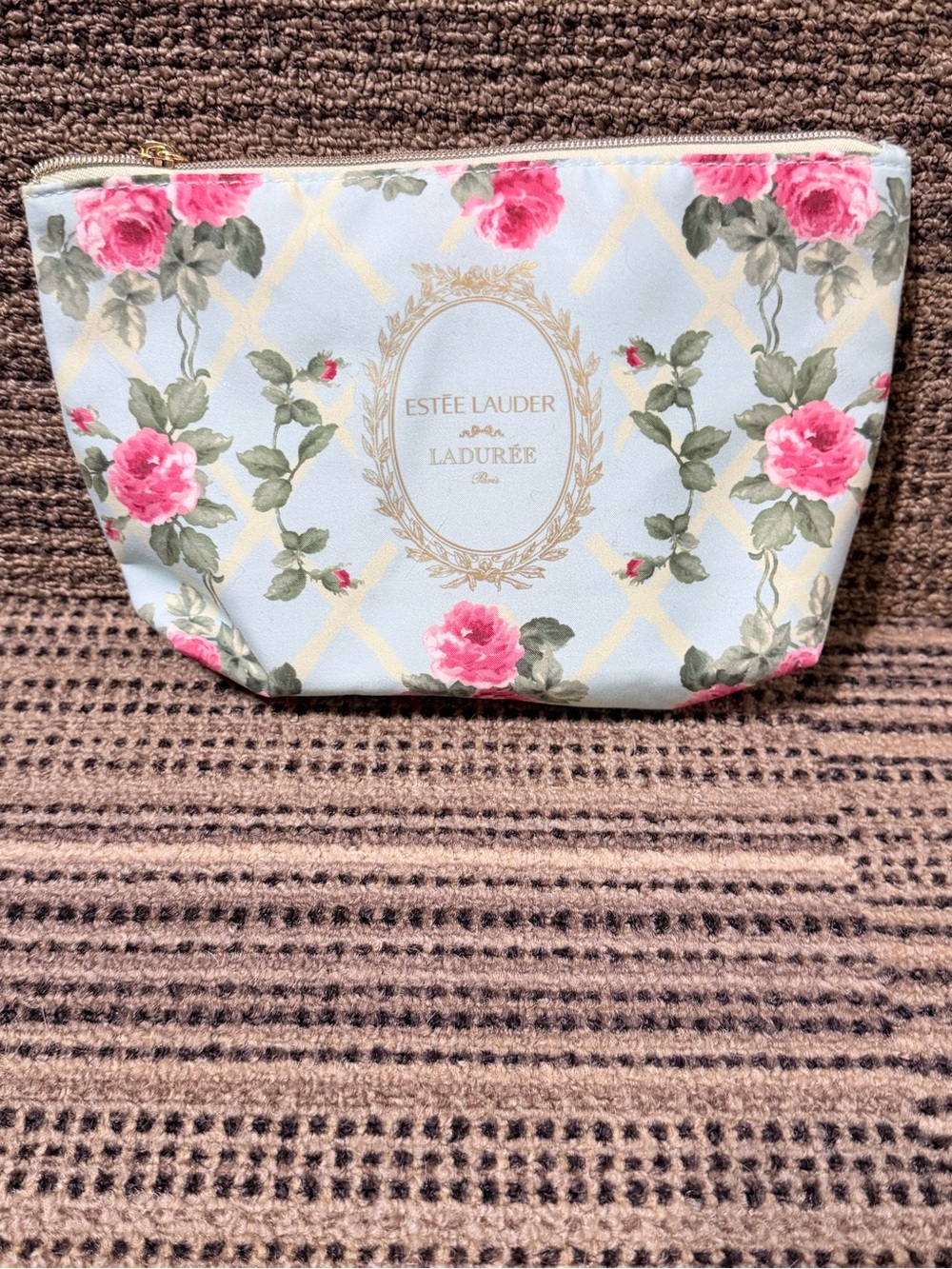 Estee Lauder Floral Cosmetic Pouch in Light Blue and Pink Rose Print